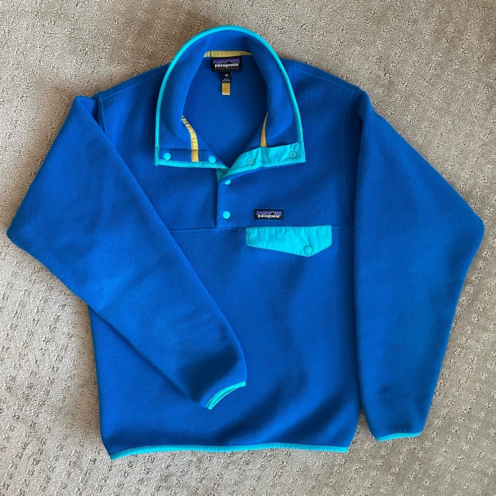 Patagonia Fleece Synchilla Snap-T Pullover Sweater in Royal Blue and Aqua, XS